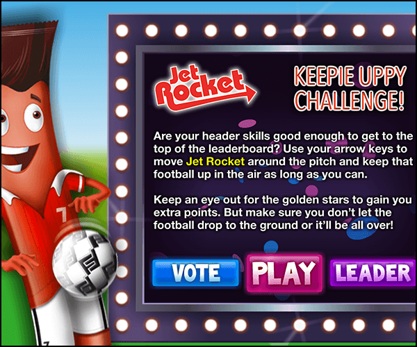 Frubes - Ad Campain. Use Left and Right arrows to help Jet Rocket navigate through the pitch and get right under that ball. When heading the ball, tab the 'Up' arrow to give that ball an extra boost! Guide the ball towards the stars for extra points.   >> Work involved AS3 coding, game direction and creative input.