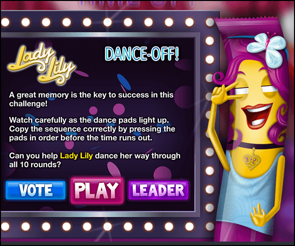 Frubes - Ad Campain. This is another memory test challenge. Watch the pad sequence; then use the mouse to click on the pads and make Lily dance all the way to victory!   >> Work involved AS3 coding, game direction and creative input.